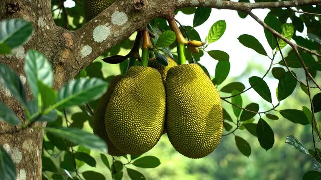 Ripe Jackfruit Hanging on a Tree with Lush Green Leaves in a Tropical Forest Environment