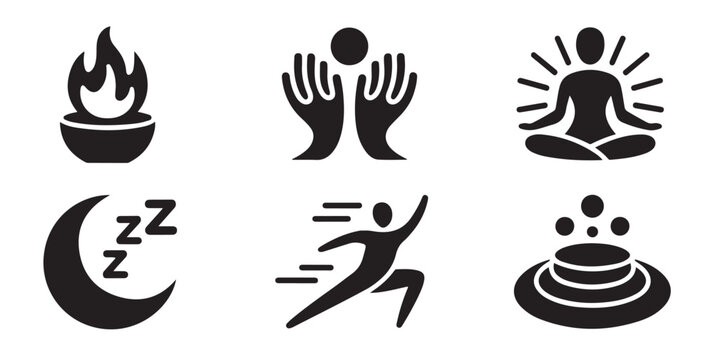 Zen meditation lifestyle icons set including yoga pose sleeping moon and running silhouette