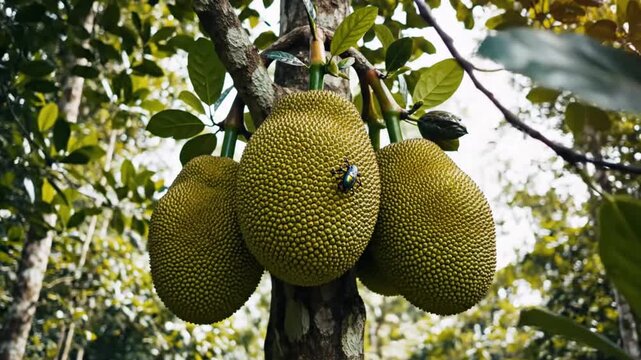 Ripe jackfruit hanging from the tree trunk with a small insect on it surrounded by lush green foliage