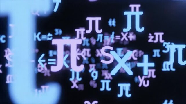 Close up of digital floating mathematical symbols and equations creating a futuristic science and technology concept