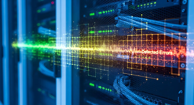 Advanced digital server rack with luminous database grid illustrating cyber data validation security concept and complex information integrity check in a modern smart cloud computing center.