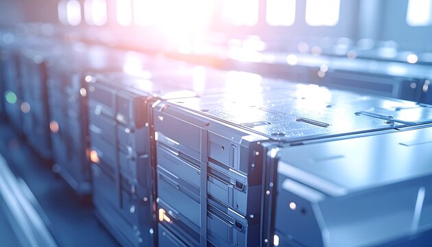 Data Center Servers Array: A futuristic perspective reveals a server room bathed in ethereal light, rows upon rows of sleek.