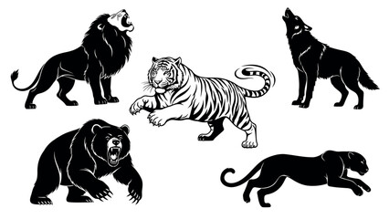 Wild Predator Animal Silhouette Set, Black and White Vector Illustration of Roaring Lion, Tiger, Bear, Wolf, and Panther, Powerful Beast Mascot Collection Isolated on White Background