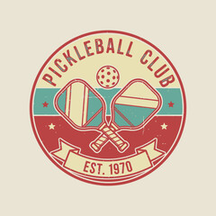 Vintage Pickleball Club Logo, Retro Badge with Crossed Paddles and Perforated Ball, Distressed Texture Sport Emblem Isolated on Beige Background
