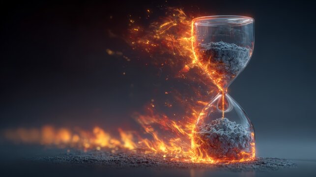 Transparent hourglass filled with ash ignites in vivid flames against a dark background, visualizing urgency, burnout, and the dramatic passage of time for impactful messaging.