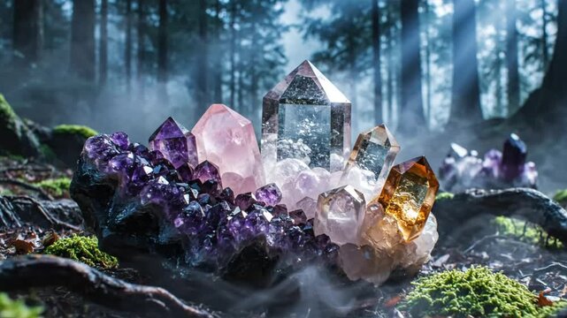 Mystical Crystal Cluster in Enchanted Forest with Sunbeams and Misty Atmosphere
