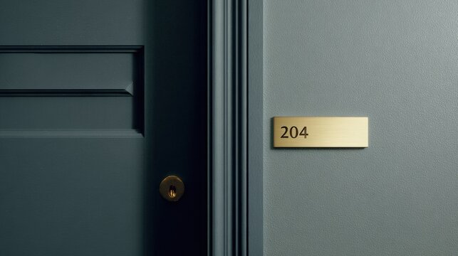 Engraved Brass Number 204 on Dark Grey Door Creating a Minimalist Design With Negative Space Enhancing the Overall Look and Feel of the Entrance