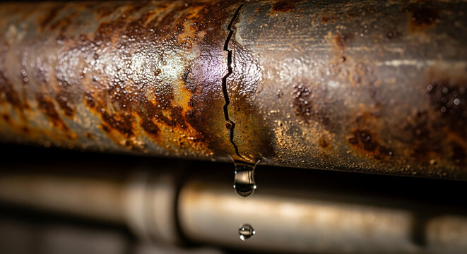 Corroded industrial iron pipe exhibiting a distinct fissure with a single translucent water droplet leaking from the fracture highlighting an urgent plumbing maintenance and repair requirement.