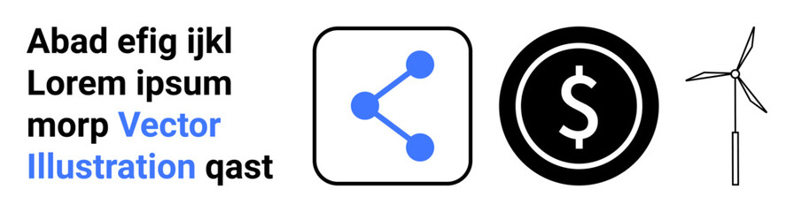 Obraz premium Renewable energy, sustainability, environmental conservation, digital interaction, finance, communication. Three icons for share, dollar sign and wind turbine. Renewable energy and sustainability