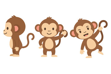 Cute playful monkey character set standing and waving in flat vector style for kids clipart © bytaristudio