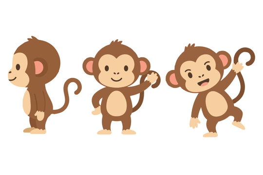 Cute playful monkey character set standing and waving in flat vector style for kids clipart