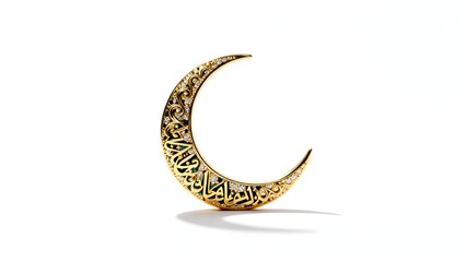 Obraz premium Elegant golden crescent moon ornament, adorned with intricate Arabic calligraphy and sparkling jewels, isolated on a pristine white background.