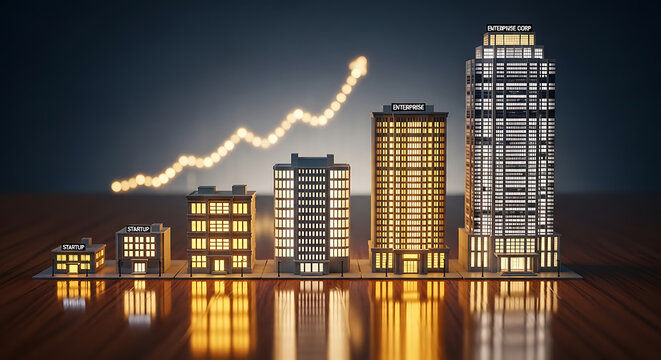 Sequential architectural house models escalating in height representing corporate development business expansion and company scale concept for growth success and real estate evolution.