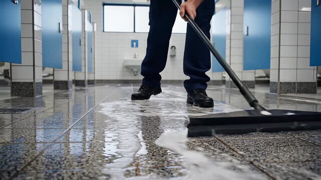 Professional Janitor Scrubbing Soapy Floor in School Toilets