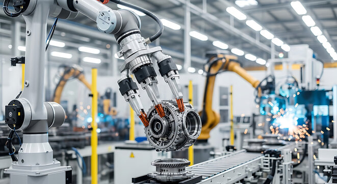 Sophisticated industrial robotic arm with specialized gripper handling metal machine component in automated smart factory manufacturing plant representing advanced robotics technology and production