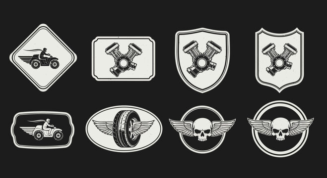vintage motorcycle club emblems set, skull wings, engine, quad bike, retro badges