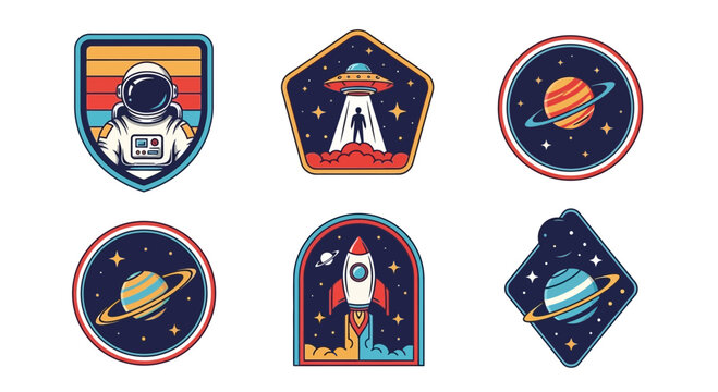 Space patches set, astronaut, alien, rocket, planets, stars, universe