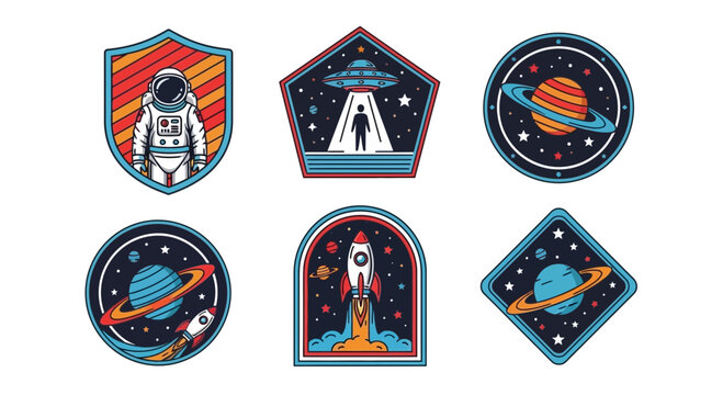 Space patches set, astronaut, ufo, planet, rocket, cosmos, adventure, emblem