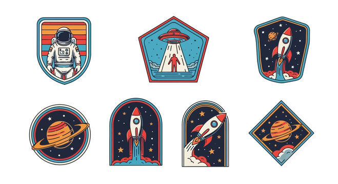 Retro space patches set, astronaut, rocket, planets, ufo, vintage badges