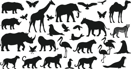 Wild animal silhouettes collection including elephant giraffe lion rhino camel birds and marine mammals isolated on white background © Rafin's World