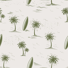 Hawaiian vector hand drawn seamless pattern with green palms © Mary fleur