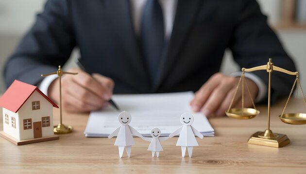 Family law lawyer surrounded by scales of justice, gavel, house model, and Fair Housing Act text