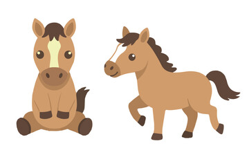 Obraz premium Kawaii brown horse character sitting and walking in flat vector style for farm animal and pony mascot