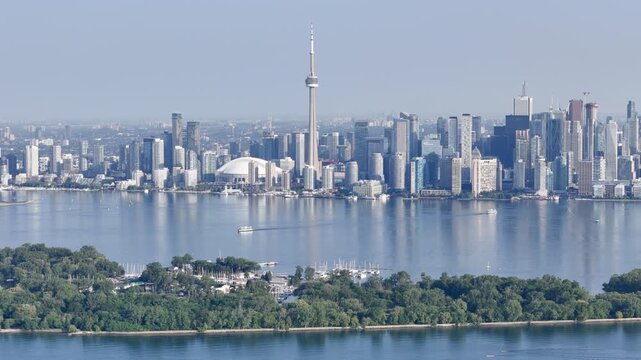 Toronto skyline with CN Tower, waterfront and Toronto Islands at Lake Ontario, aerial cityscape panorama, Canada. g.