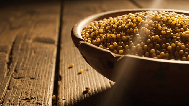 Close-up shot of yellow couscous in a rustic wooden bowl with moody lighting on a wooden surface