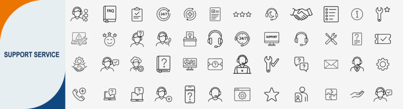 Support service and customer help center icons set, outline symbols for hotline assistance technical support guidance and communication vector illustration