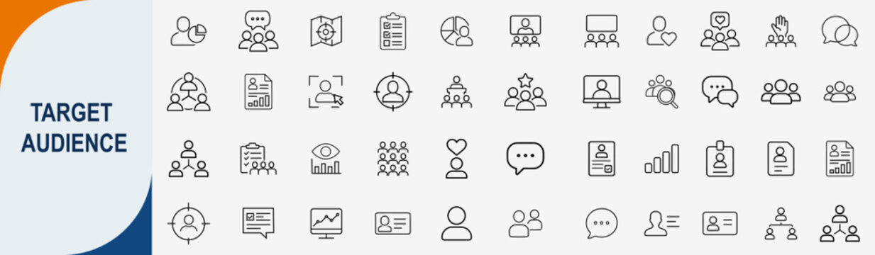 Target audience and customer segmentation icons set, outline symbols for market research buyer persona consumer behavior and business marketing vector illustration
