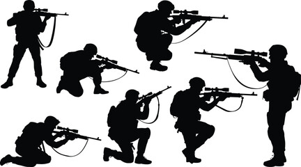 CAD drawing flat vector illustration, armed soldier silhouette collection, tactical shooting poses, black and white artwork, military combat stance design © Gita