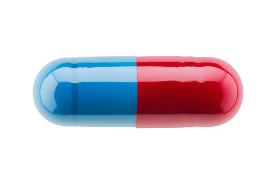 Extreme close up of a single pharmaceutical capsule brightly colored in glossy half blue and half red gel design&nbsp;&nbsp;