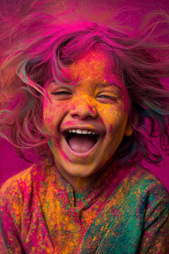 Happy girl celebrating Holi festival with colorful powder, joyful child laughing during traditional Indian celebration of colors