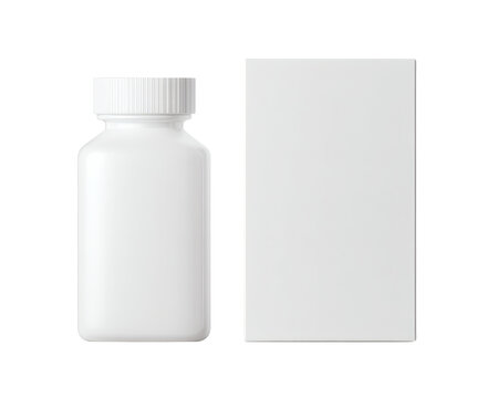Blank white plastic supplement bottle mockup shown next to a matching rectangular cardboard product packaging box ready for branding design customization&nbsp;