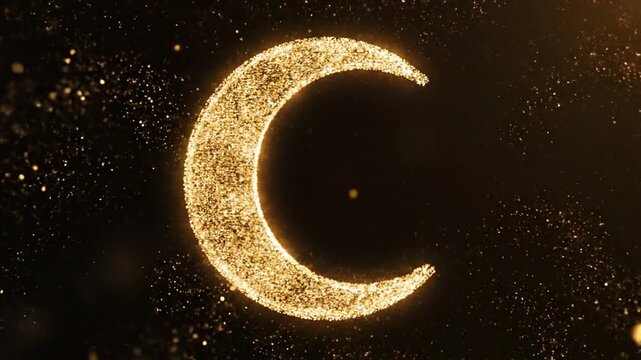Glowing crescent moon illuminated with golden sparkles against a dark cosmic background for celestial themed imagery
