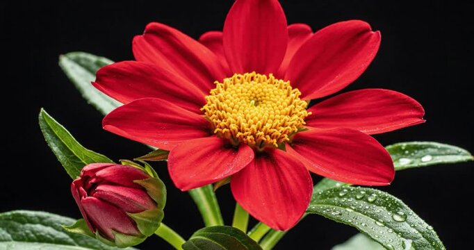 Vivid red flower with a bright yellow center nestled beside a budding bloom and glistening leaves against a dark backdrop