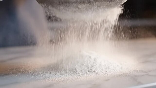 Close-up shot of flour being sifted onto a marble surface for baking, ingredient preparation, and cooking