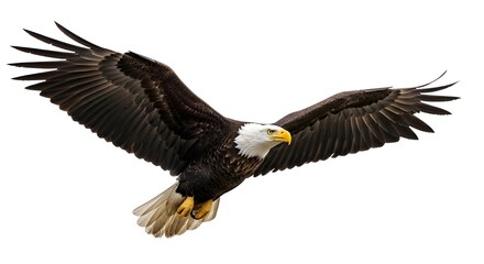 Obraz premium Majestic Bald Eagle in Flight with Wings Spread Isolated on White Background