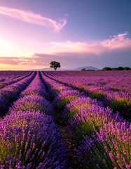 A serene landscape of a vast purple flower field at sunset