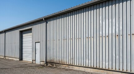 Fototapeta premium Industrial Metal Panel Building Facade Gleaming Under a Bright Blue Sky – Modern Architecture, Urban Infrastructure, and Commercial Design