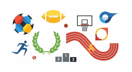 A vibrant collection of flat design sports icons and elements, including a soccer ball, football, basketball hoop, running track, and winner's podium, set against a white background.