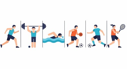 Illustration of various sports activities including running, weightlifting, swimming, basketball, soccer, and tennis, showcasing different athletic pursuits.