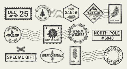 Obraz premium A collection of Christmas-themed stamps and labels with festive designs and messages displayed on a light background from a direct viewpoint