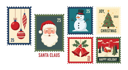A collection of Christmas-themed postage stamps featuring holiday icons, festive scenes, and joyful messages from a bird's eye view © charli