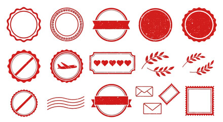 Collection of red graphic icons depicting various symbols and elements on a clean white background from a straightforward viewpoint