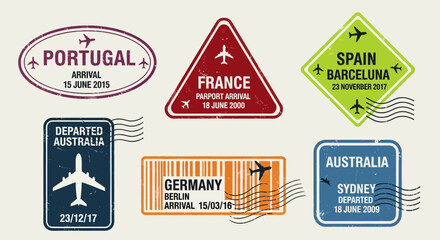 Collection of colorful travel stickers featuring various destinations and airplanes from around the world © charli