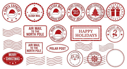 Collection of red Christmas and holiday-themed stamps and labels with festive designs and greetings on a white background from various viewpoints © charli