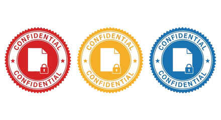 Three colorful confidential stamps with lock icons in red, yellow, and blue, arranged horizontally on a clean surface, viewed from directly above