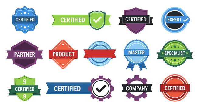 Collection of colorful certification badges and labels showcasing various expert and partner credentials in a visually appealing arrangement